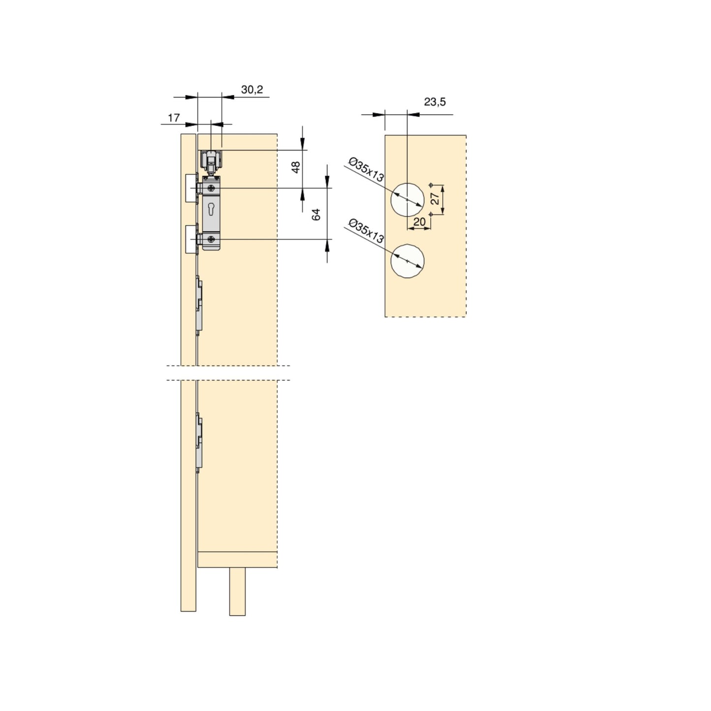 Twofold system in kit format for 2 hanging and folding wooden sliding doors with soft closing, with lower guide, matt anodized 