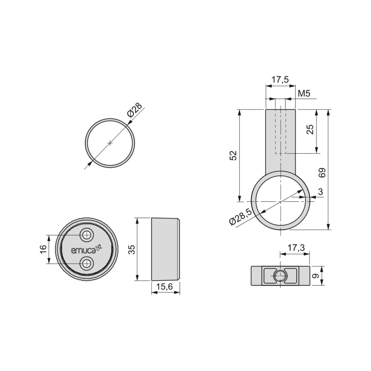 Emuca Set of 2 round wardrobe bars D.28mm length 1.15m with supports, Aluminium and Zamak, Matt anodized