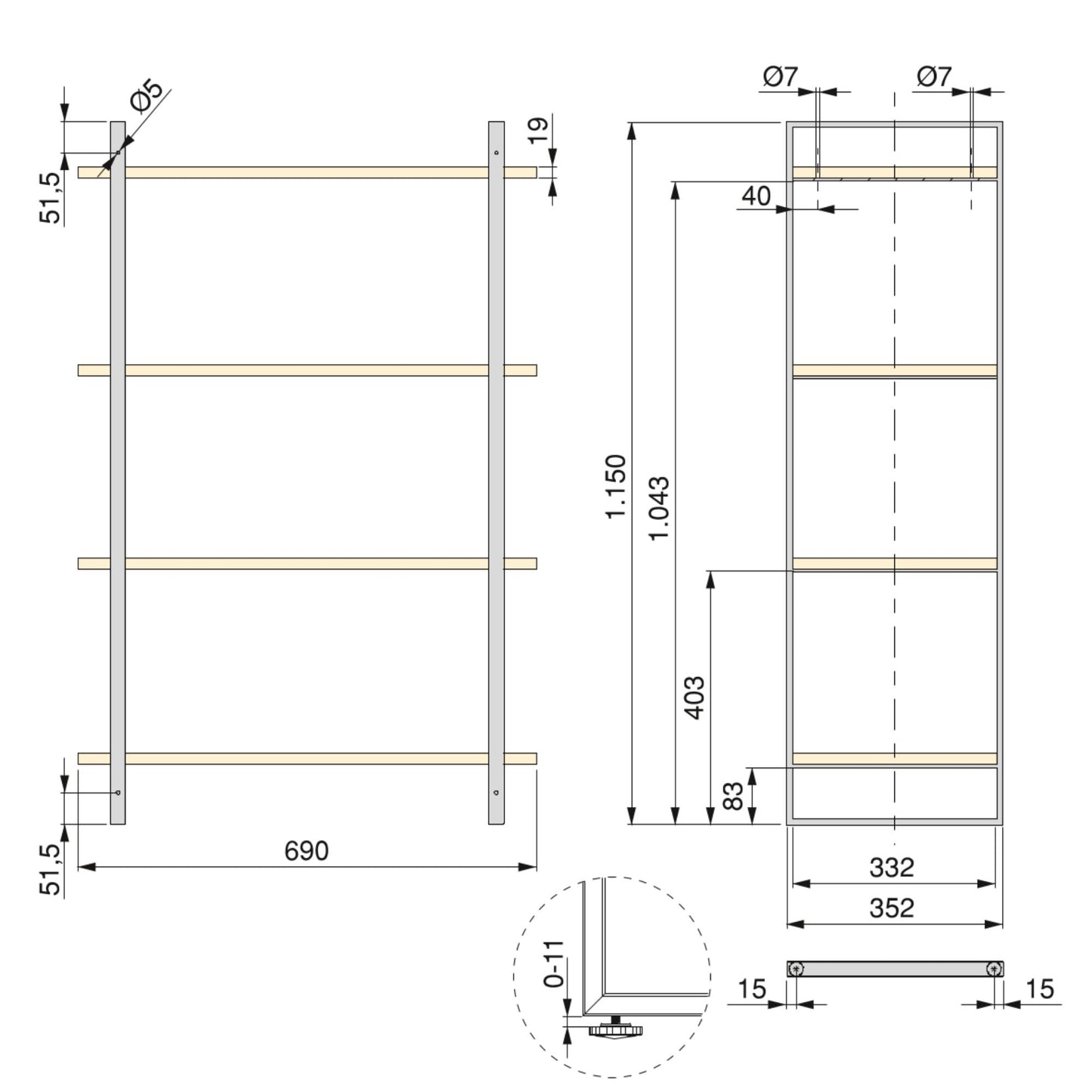 Emuca Lader shelving kit with structure and shelves, height 1150mm, Steel, Black paint and Wood