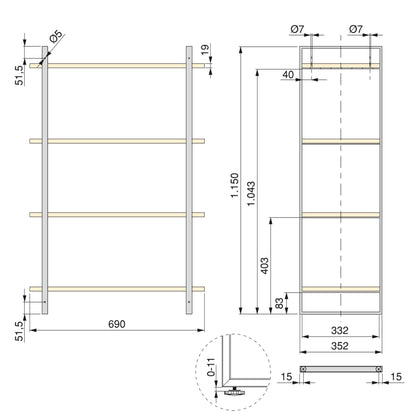 Emuca Lader shelving kit with structure and shelves, height 1150mm, Steel, Black paint and Wood