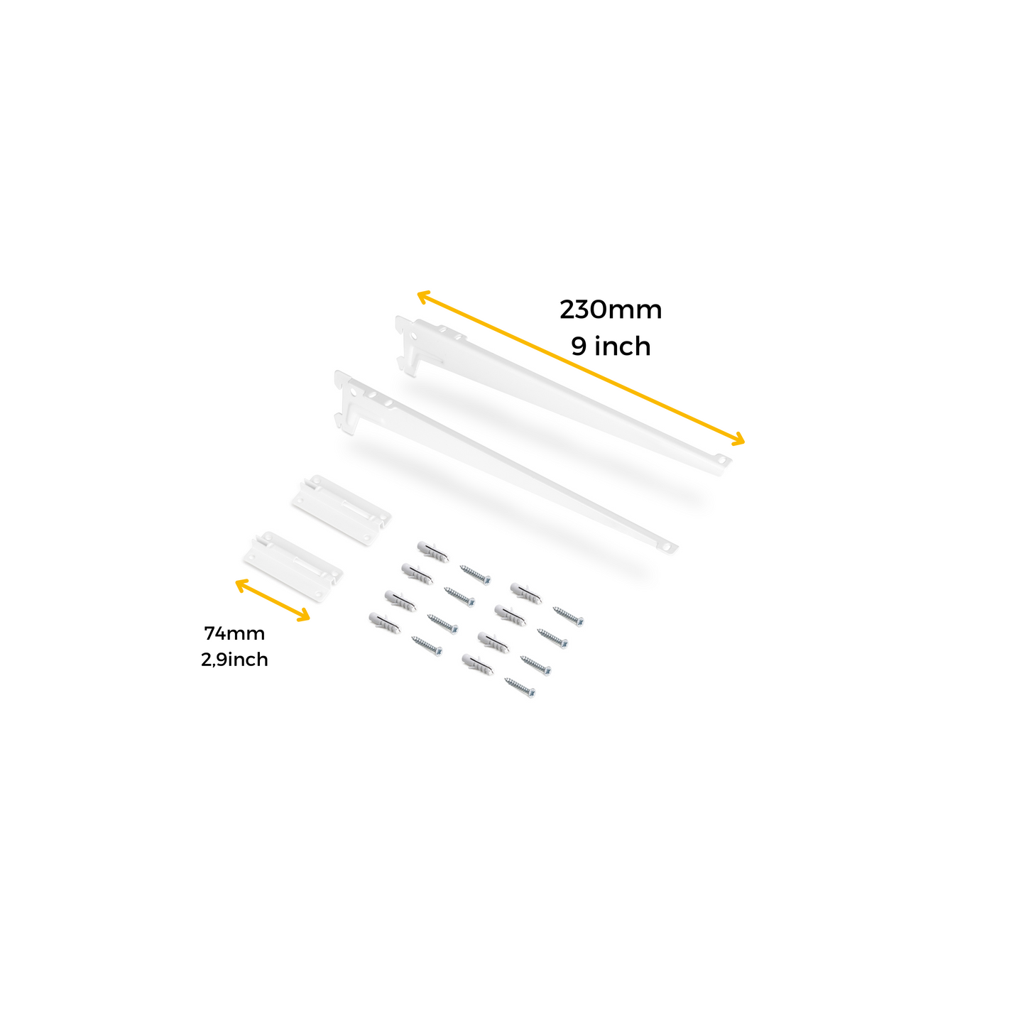 Emuca Set of 4 shelves with brackets and Jagmet wall fixing plates, length 230mm, Steel, White painted