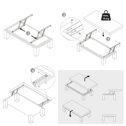 Emuca Lifting mechanism set for coffee tables, allows the table to be raised 135mm, Steel, Black painted