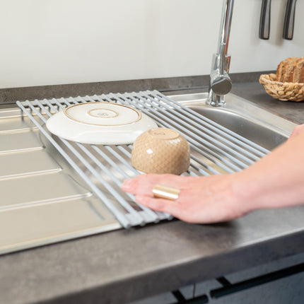 Emuca Escurreplatos flexible y enrollable de silicona, Acero y Plástico, Gris