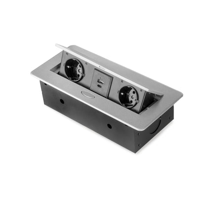 Emuca Multiconector para escritorio Atom 26 Lite, 225x111mm, 2 enchufes tipo Schuko, 1 USB tipo A, 1USB tipo C, Zamak-Acero-Plástico