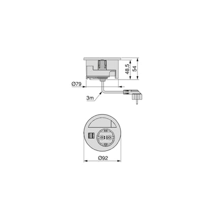 Emuca Multiconnector Circle 80, diameter 80mm, 1 Schuko type plug, 1 USB type A, 1 USB type C, Plastic, Black painted