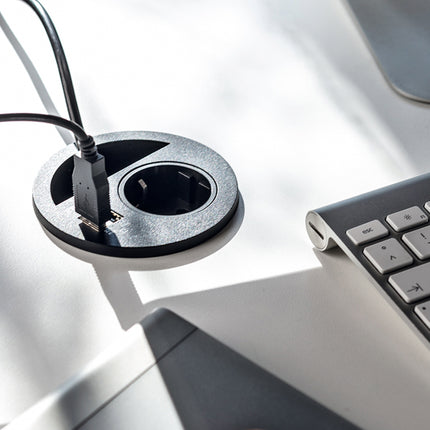 Emuca Multiconector Circle 80, diámetro 80mm, 1 enchufe tipo Schuko, 1 USB tipo A, 1 USB tipo C, Plástico, Pintado negro