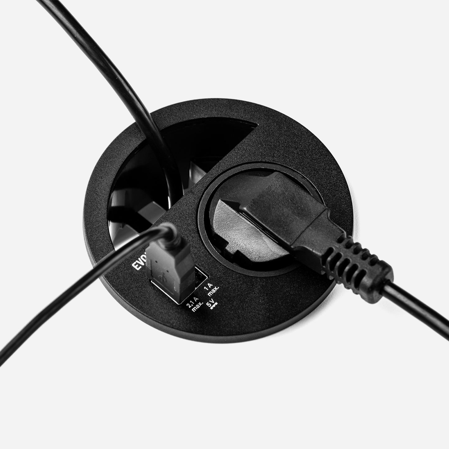 Emuca Multiconnector Circle 80, diameter 80mm, 1 Schuko type plug, 1 USB type A, 1 USB type C, Plastic, Black painted