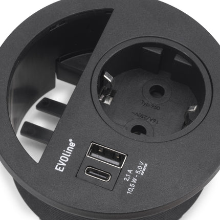 Emuca Multiconector Circle 80, diámetro 80mm, 1 enchufe tipo Schuko, 1 USB tipo A, 1 USB tipo C, Plástico, Pintado negro