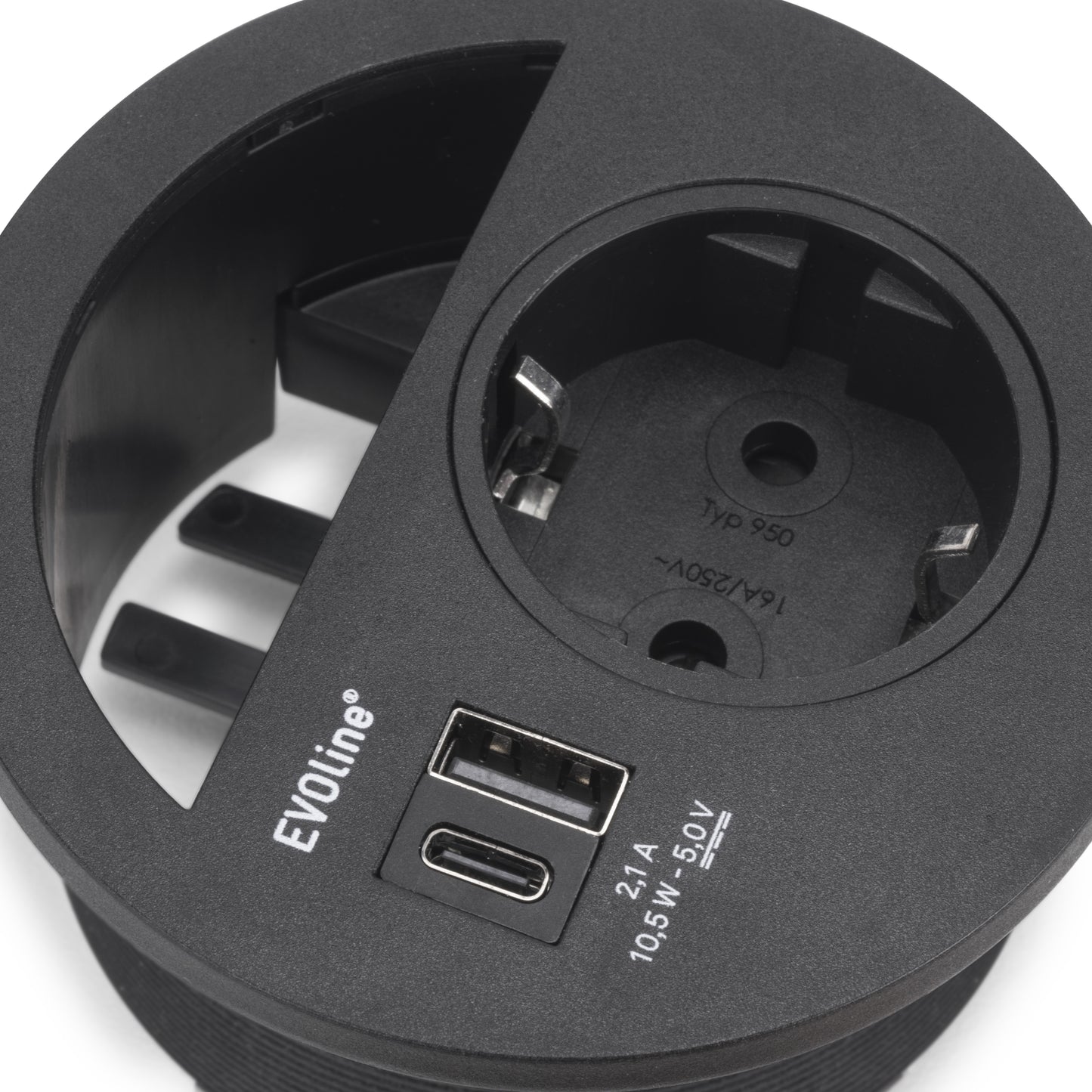 Emuca Multiconnector Circle 80, diameter 80mm, 1 Schuko type plug, 1 USB type A, 1 USB type C, Plastic, Black painted