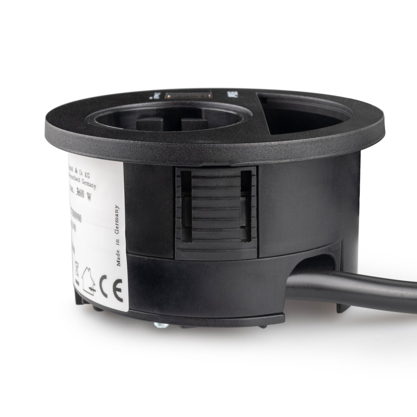 Emuca Multiconnector Circle 80, diameter 80mm, 1 Schuko type plug, 1 USB type A, 1 USB type C, Plastic, Black painted