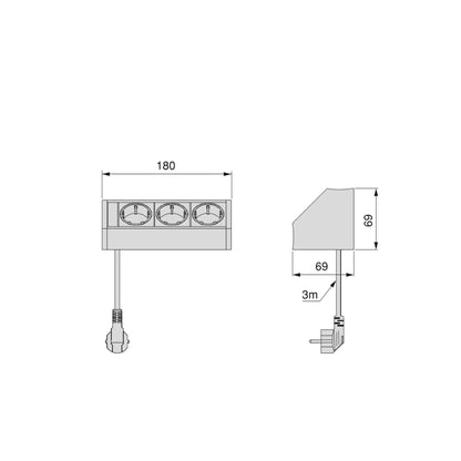 Emuca Multiconector de superficie V Dock, 3 enchufes tipo Schuko, Plástico y Aluminio, Anodizado mate