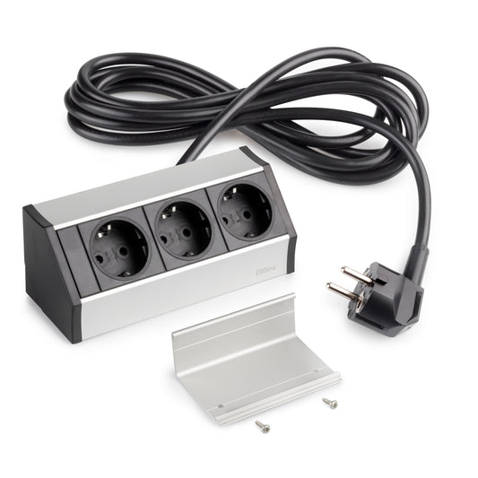 Emuca V Dock surface-mounted multi-connector, 3 Schuko-type sockets, Plastic and Aluminium, Matt anodized