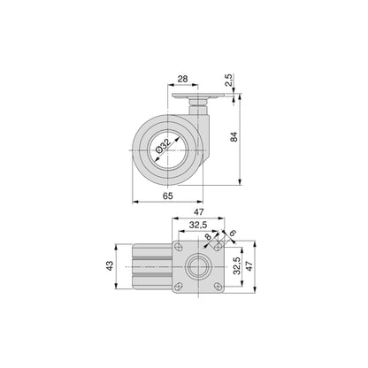 Emuca Set of 4 Hole wheels with mounting plate, diameter 65mm, Steel, Black painted and Plastic