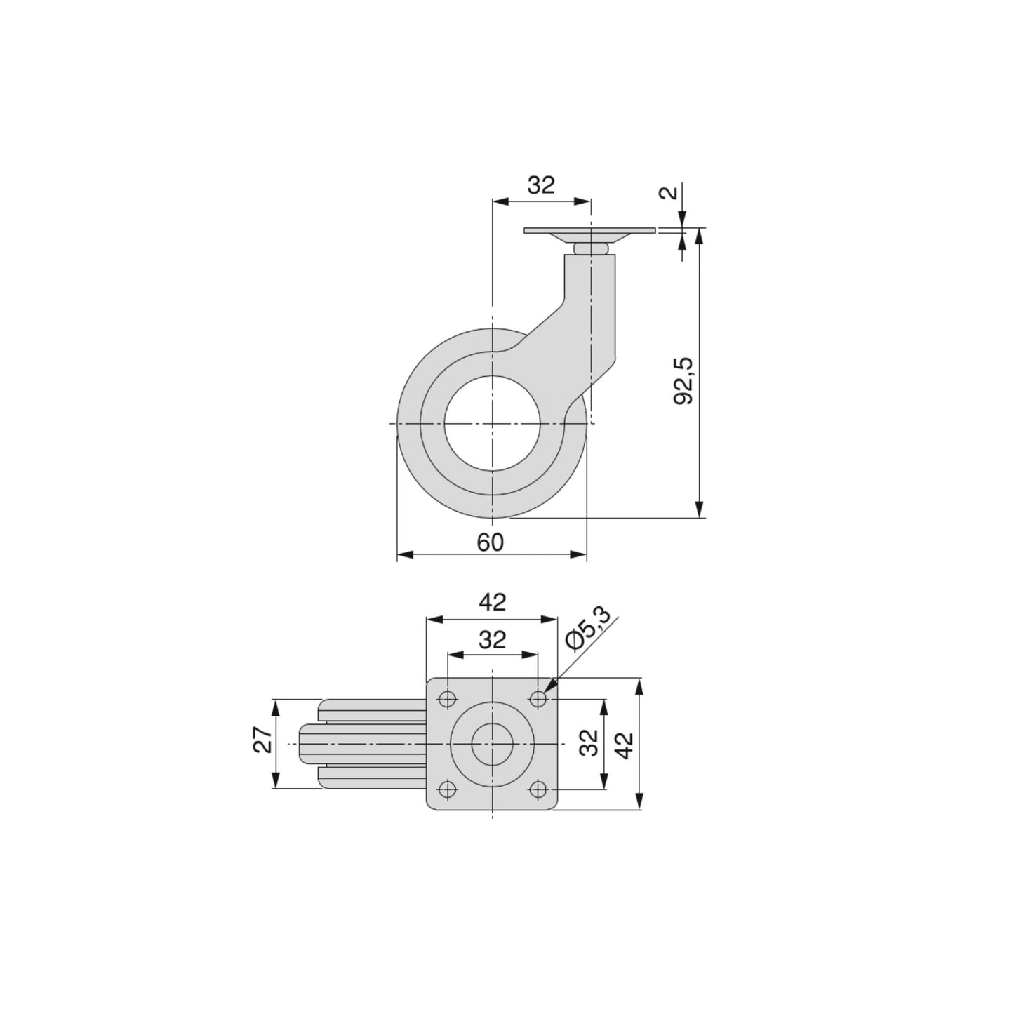 Emuca Set of 4 Hole 2 wheels with mounting plate, diameter 60mm, Steel and Plastic, Black painted