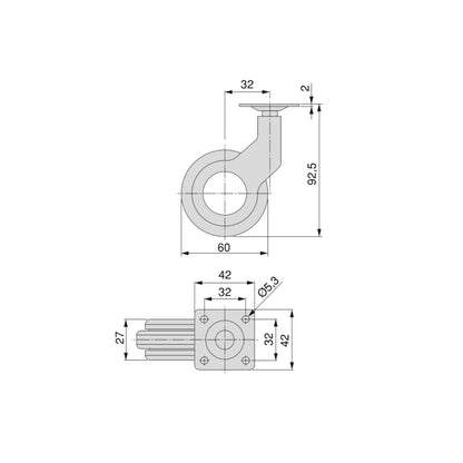 Emuca Set of 4 Hole 2 wheels with mounting plate, diameter 60mm, Steel and Plastic, Black painted