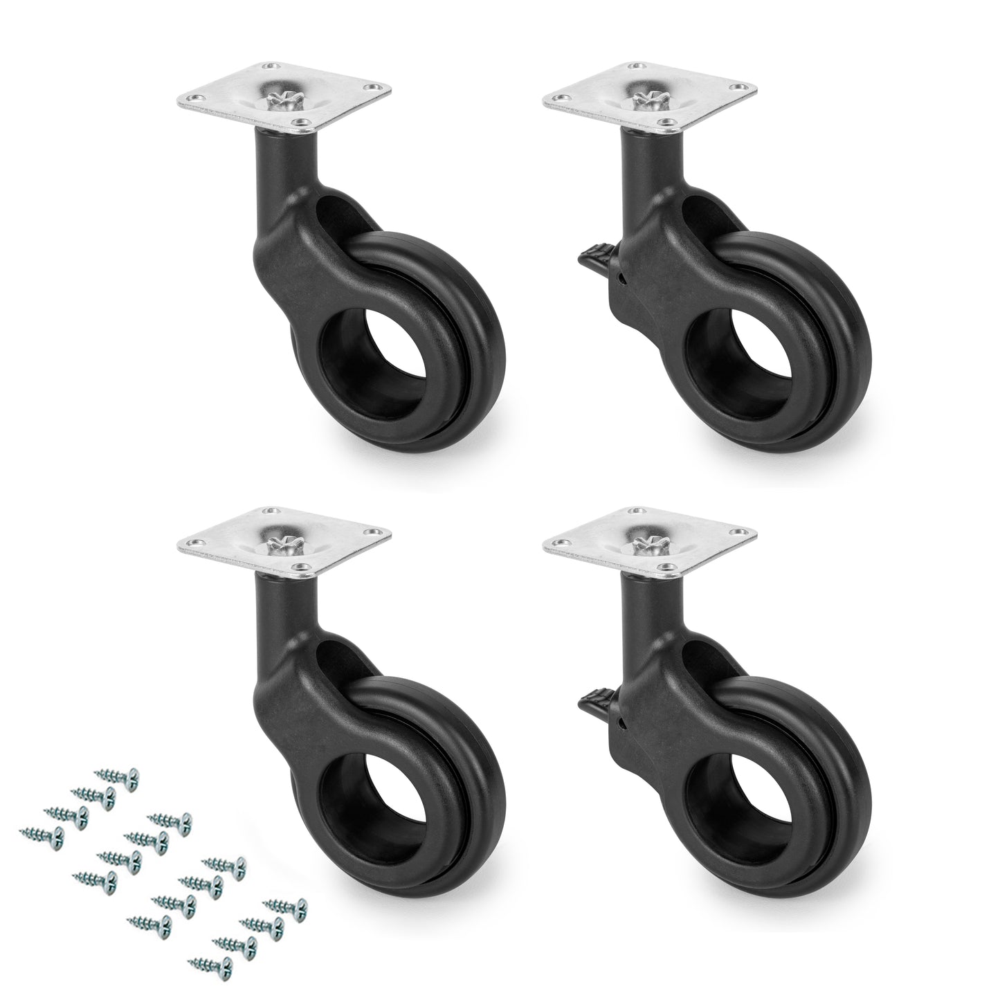 Emuca Set of 4 Hole 2 wheels with mounting plate, diameter 60mm, Steel and Plastic, Black painted