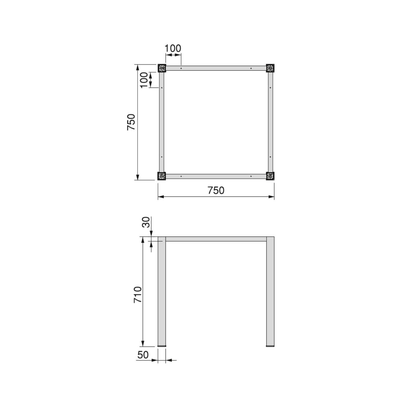 Patas cuadradas y estructura para mesa, 50x50mm, 750x750mm/1150x750mm