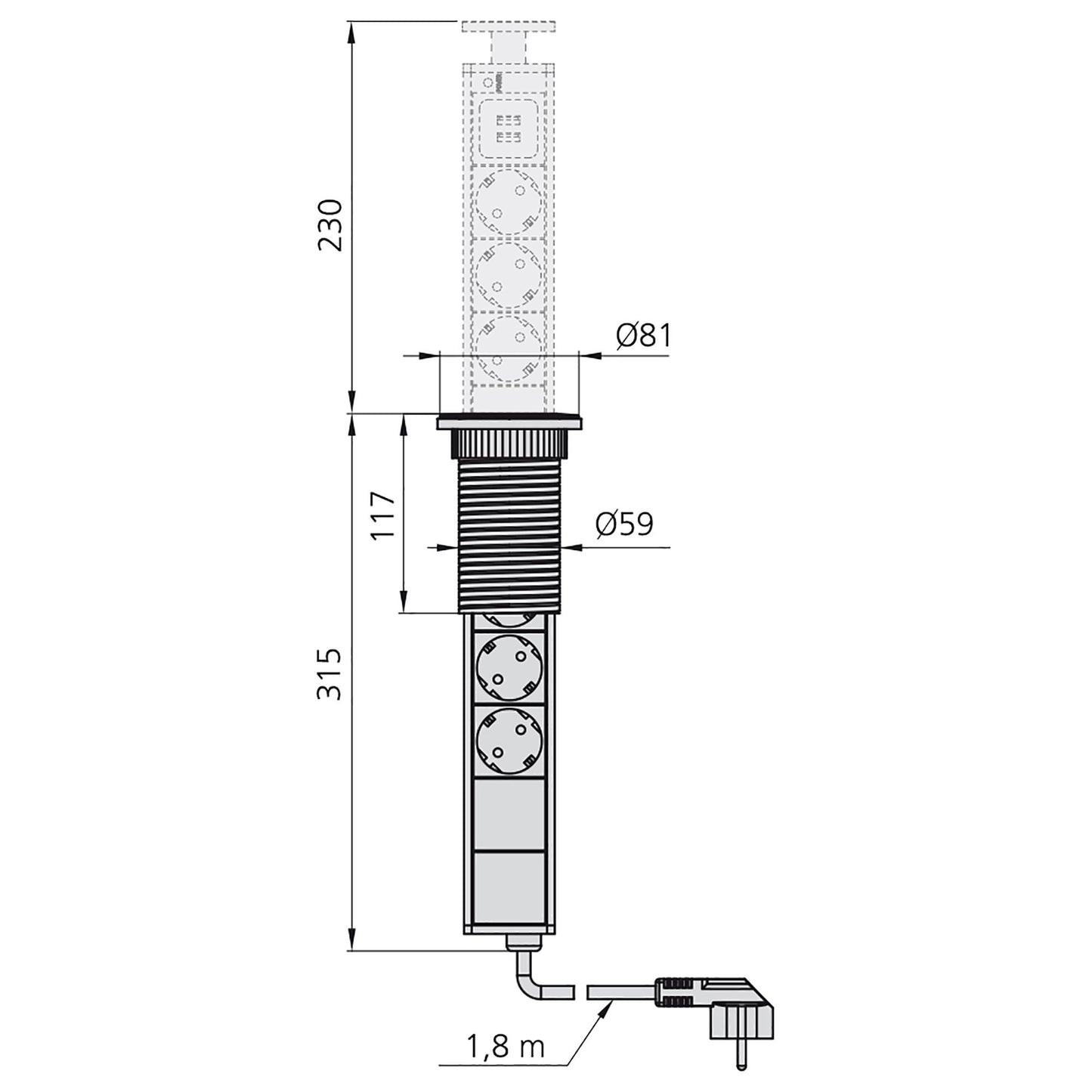 Emuca Multiconector extraíble Vertikal, 3 enchufes tipo Schuko + USB