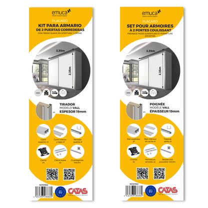 Emuca Hardware kit for 2 sliding doors and soft closing wardrobe Placard 90, Vall profile, 19mm thick, boards not included, Matt anodized