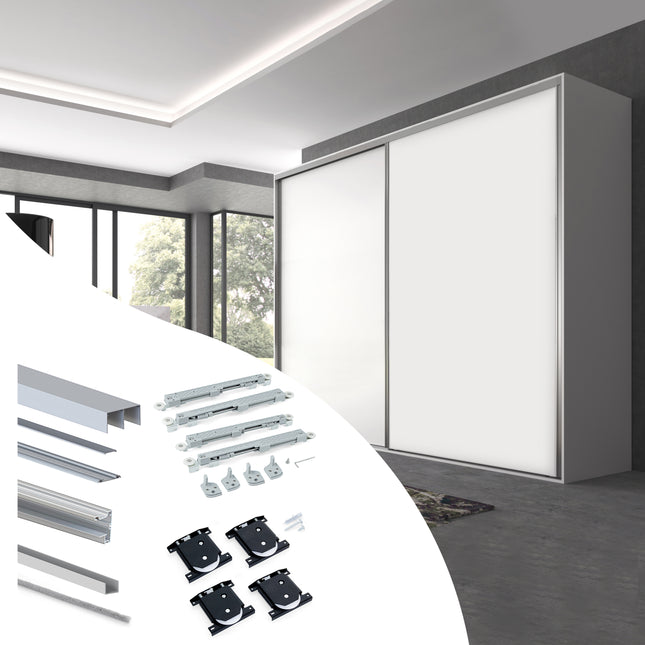 Kit de ferragens Emuca para roupeiro de correr de 2 portas com fecho suave Placard 90, perfil Vall, espessura 19 mm, painéis não incluídos, anodizado mate