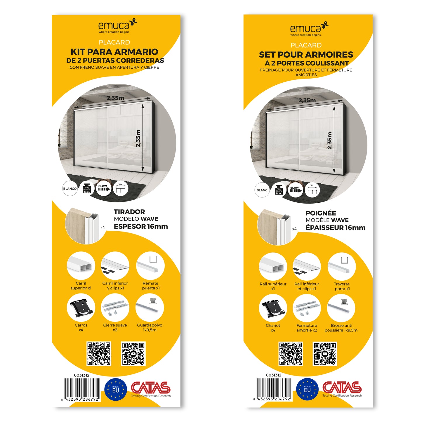 Emuca Hardware kit for 2 sliding doors and soft closing wardrobe Placard 74, Wave profile, 16mm thick, boards not included, Painted white