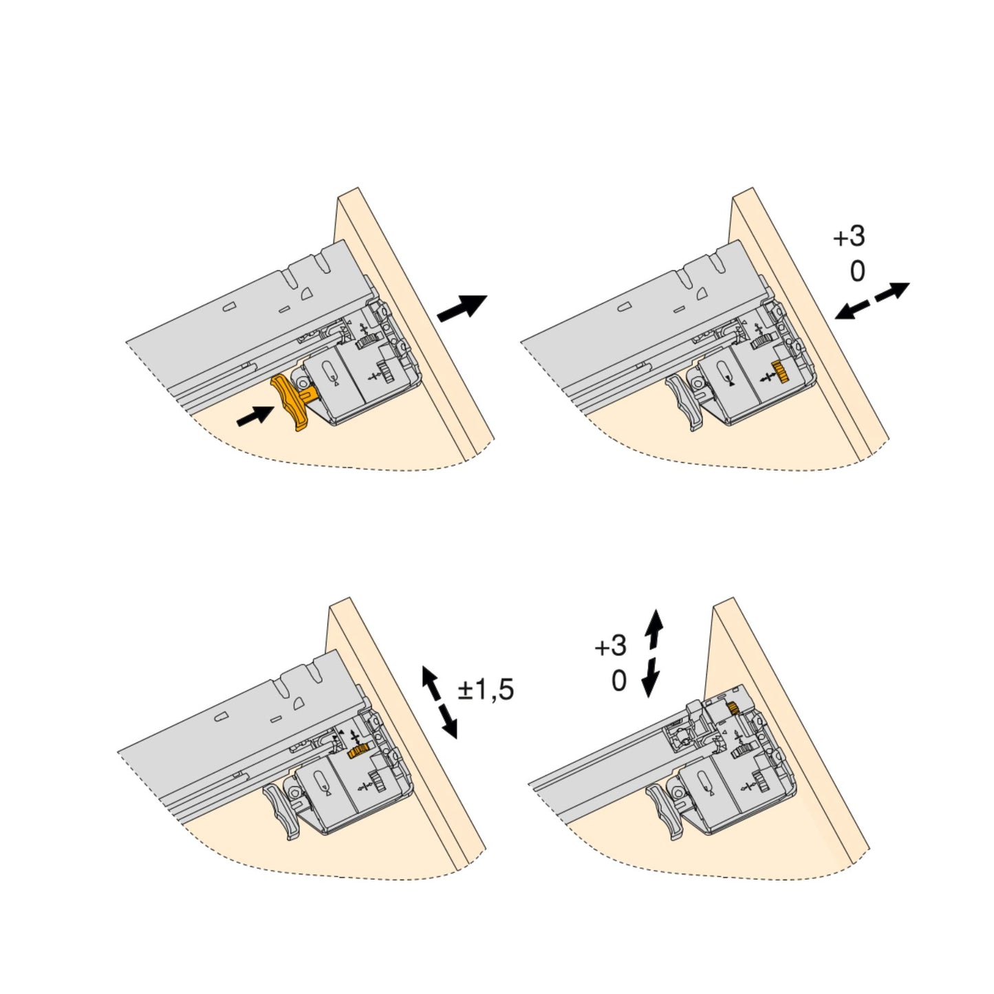 Silver full extension drawer guides with soft closing and latch, zinc plated, Steel 