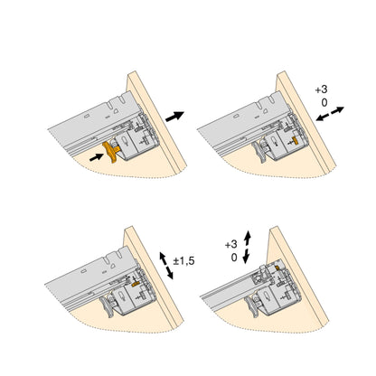 Silver full extension drawer guides with soft closing and latch, zinc plated, Steel 