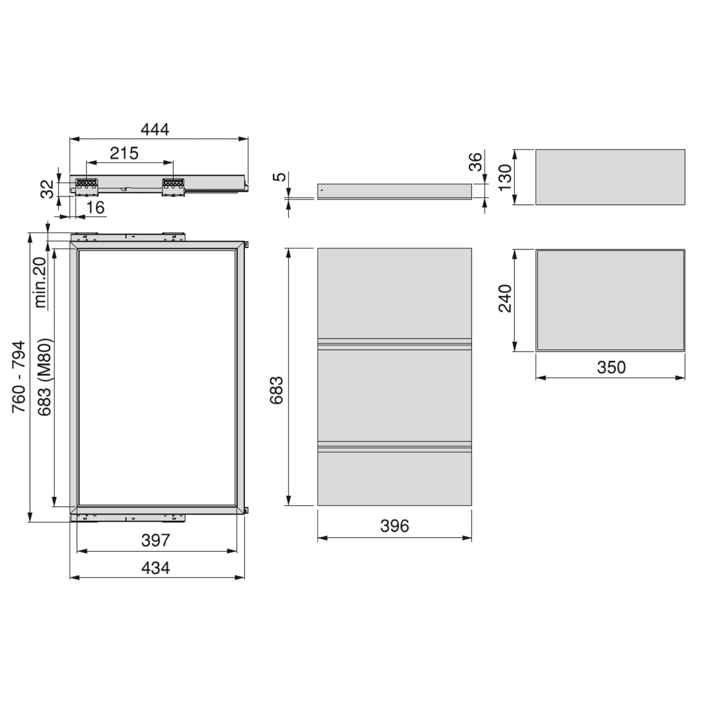 Emuca Tray kit, 2 organiser baskets and soft-closing guide frame for wardrobes, adjustable, 800mm module, Stone grey