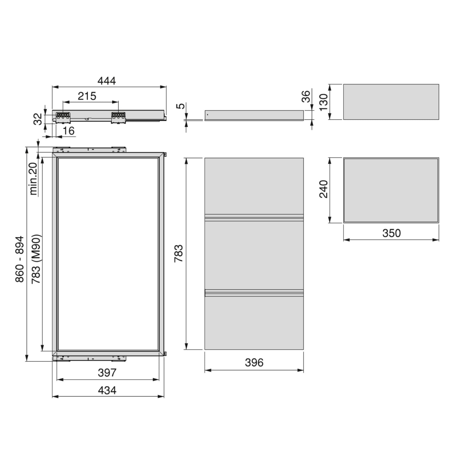 Emuca Kit de bandeja, 3 cestos organizadores y bastidor de guías con cierre suave para armarios, regulable, módulo 900mm, Gris piedra