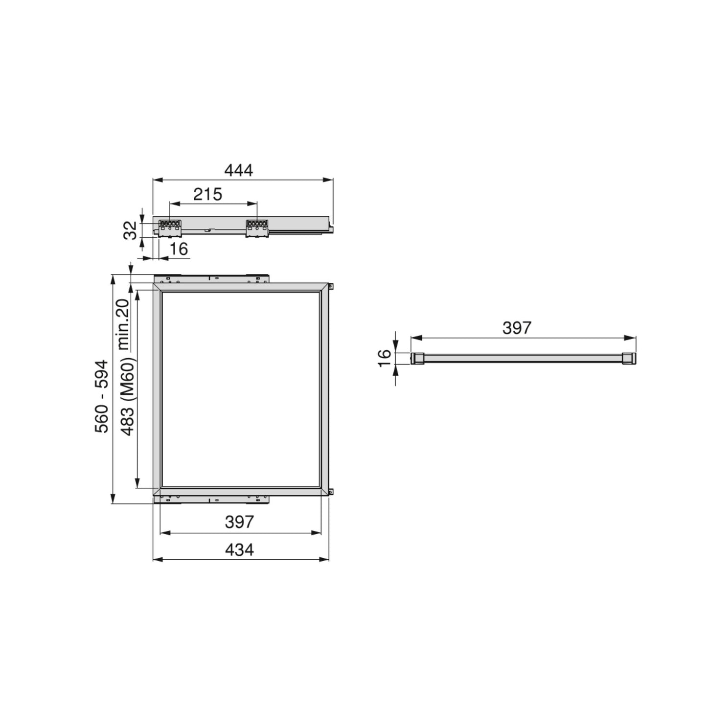 Emuca Kit of 7 trouser rods and Hack guide frame for wardrobes, soft closing, adjustable, 600mm module, Stone grey