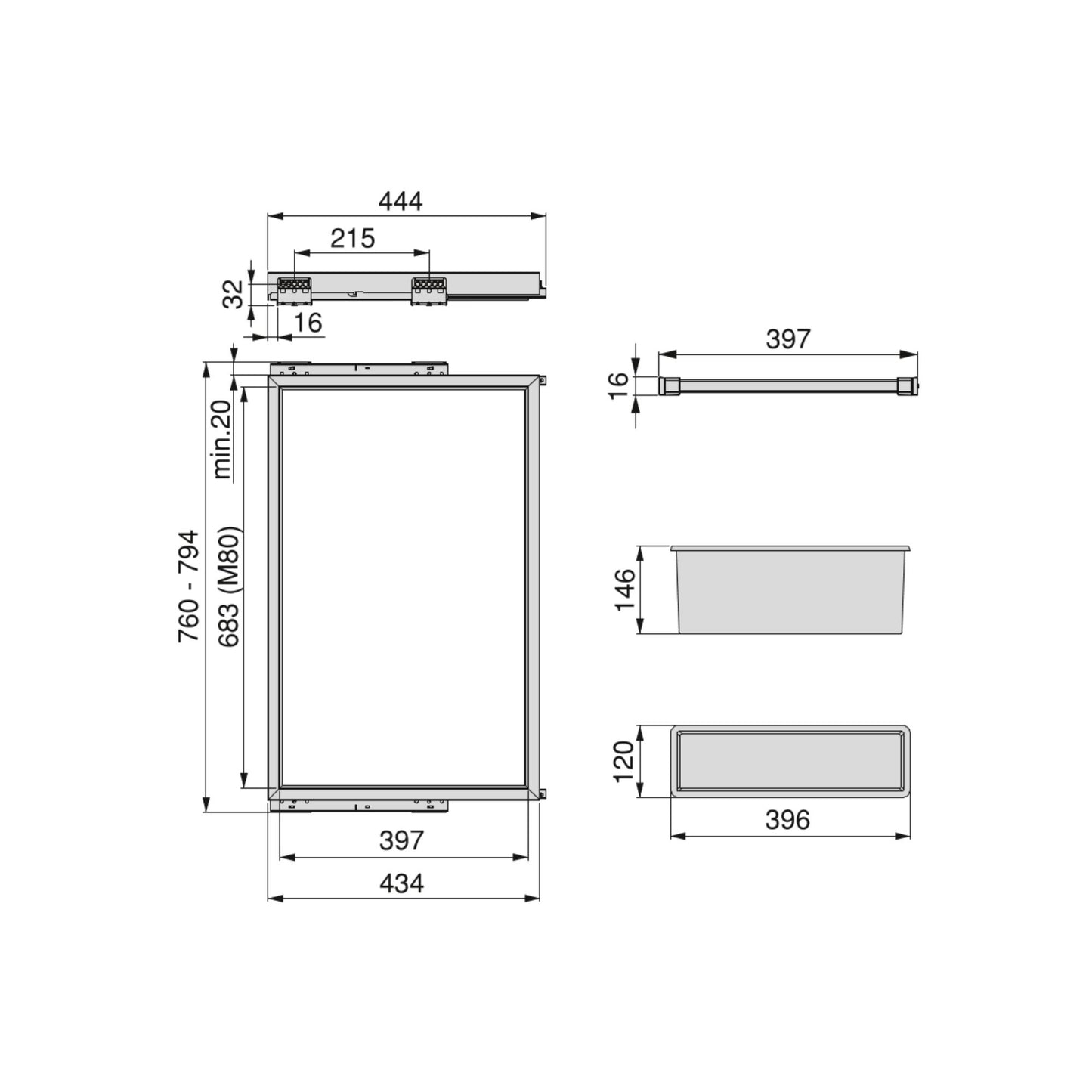 Emuca Kit of 7 trouser rods, 1 tray and soft-closing guide frame for wardrobes, adjustable, 800mm module, Stone grey