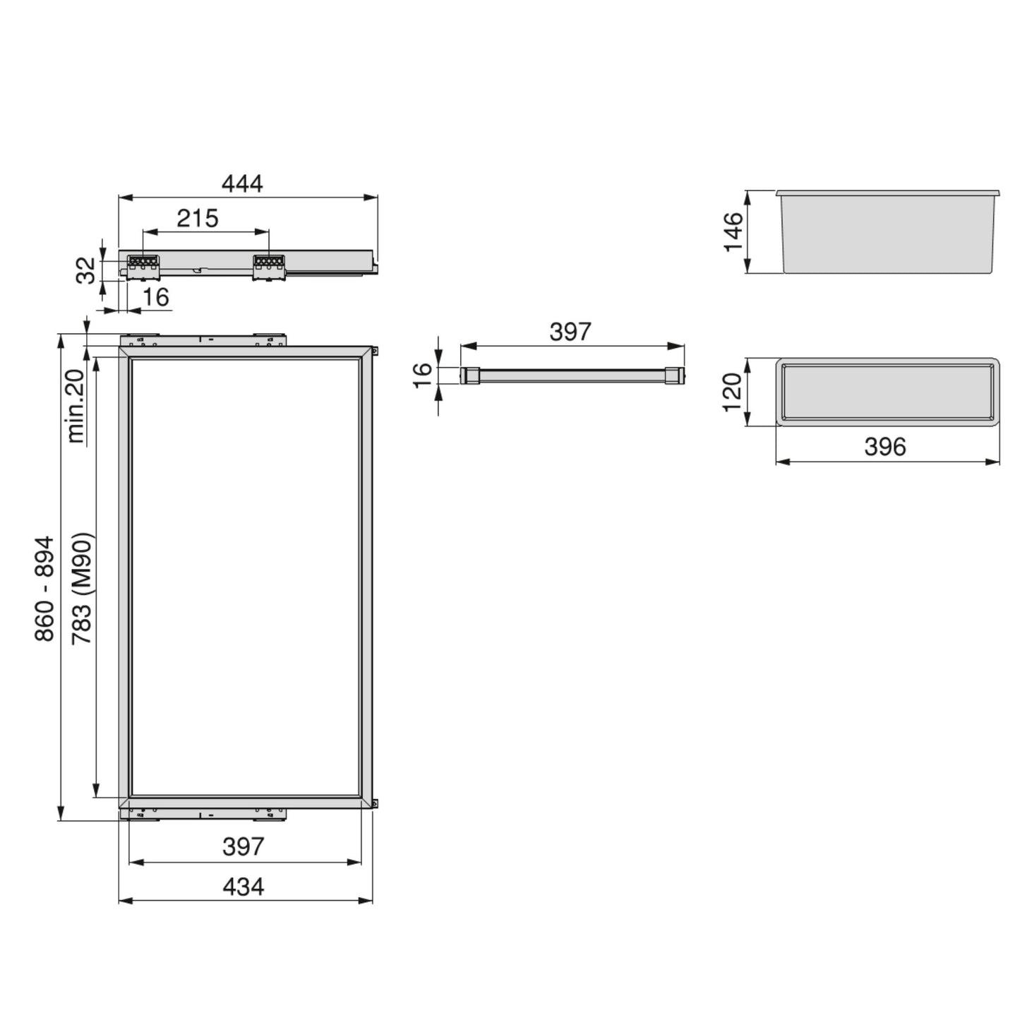 Emuca Kit of 7 trouser rods, 2 trays and soft-closing guide frame for wardrobes, adjustable, 900mm module, Stone grey