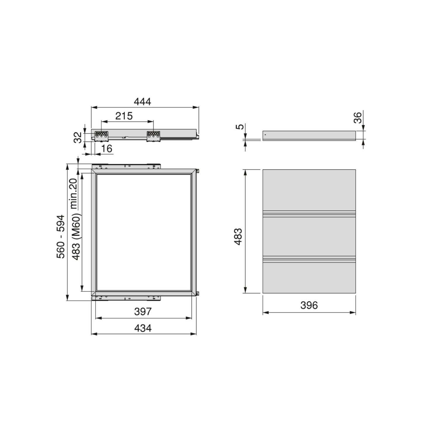 Emuca Kit de bandeja y bastidor de guías con cierre suave para armarios, regulable, módulo 600mm, Negro texturizado