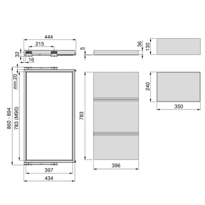 Emuca Tray kit, 3 organizer baskets and soft-closing guide frame for cabinets, adjustable, 900mm module, Textured black