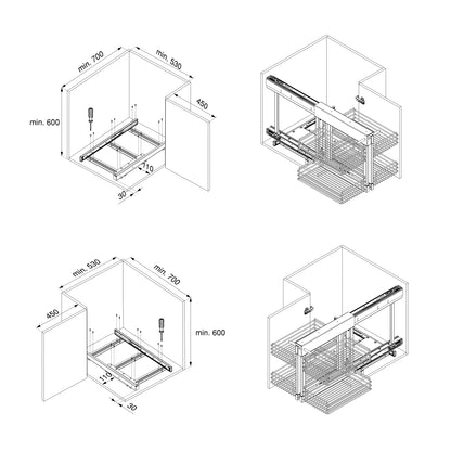 Emuca Suprastar pull-out corner system for kitchen furniture, Steel, Chrome