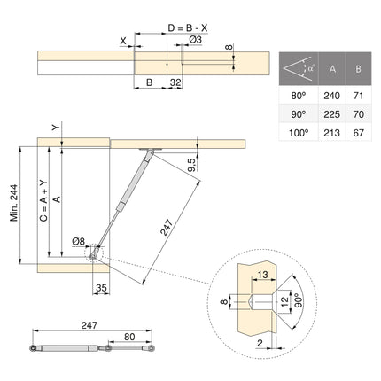 Emuca Pistón para puertas elevables Thin, diámetro 12mm, con enganches, 5kg, Acero y Plástico, Pintado níquel mate