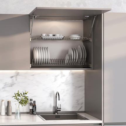 Emuca Pistón para puertas elevables Thin, diámetro 12mm, con enganches, 5kg, Acero y Plástico, Pintado níquel mate