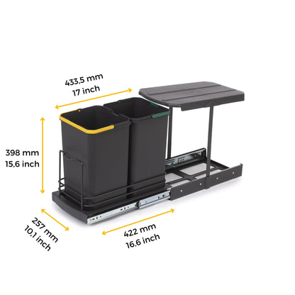 Emuca waste bin for bottom fixing and manual extraction in kitchen furniture Recycle Inox 2x12 litres, Plastic and Stainless Steel