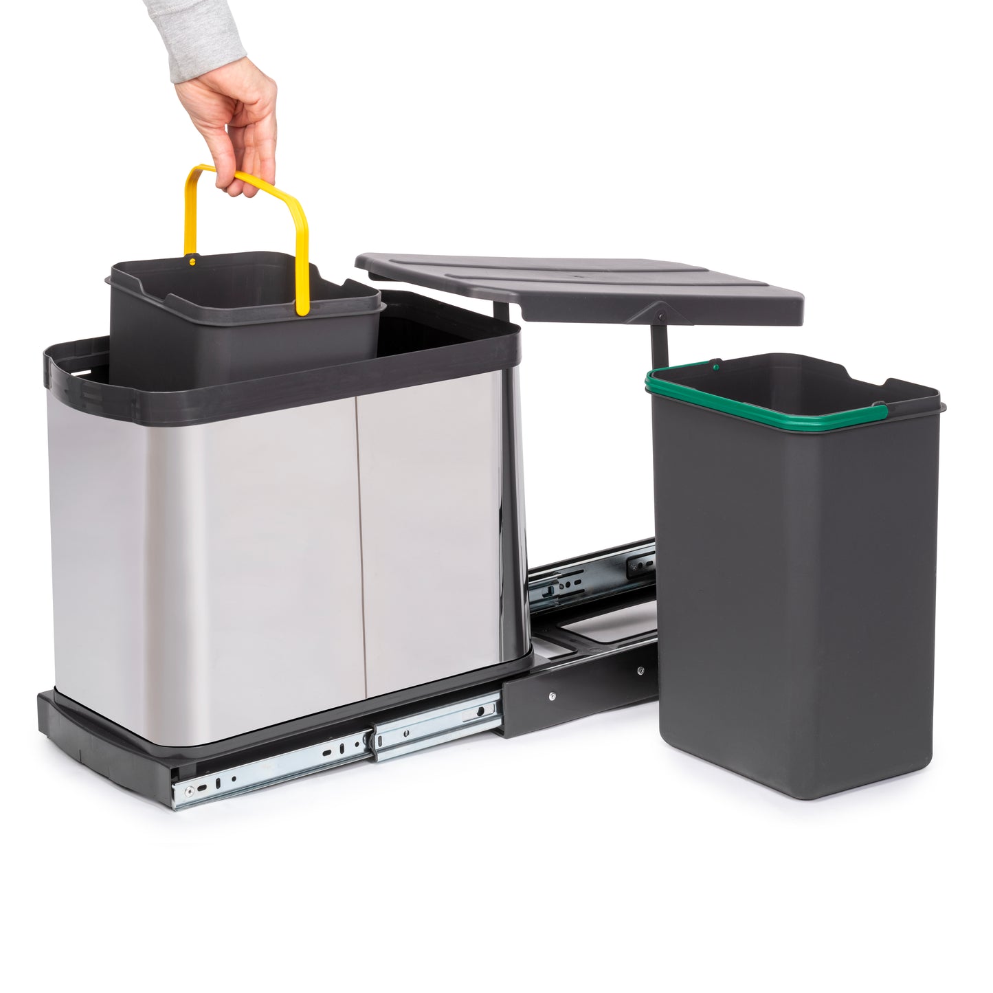 Emuca waste bin for bottom fixing and manual extraction in kitchen furniture Recycle Inox 2x12 litres, Plastic and Stainless Steel