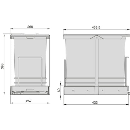 Emuca Recycling container for lower fixing and manual extraction in kitchen furniture Recycle 2x12 litres, Anthracite grey plastic