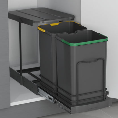 Emuca Recycling container for lower fixing and manual extraction in kitchen furniture Recycle 2x12 litres, Anthracite grey plastic