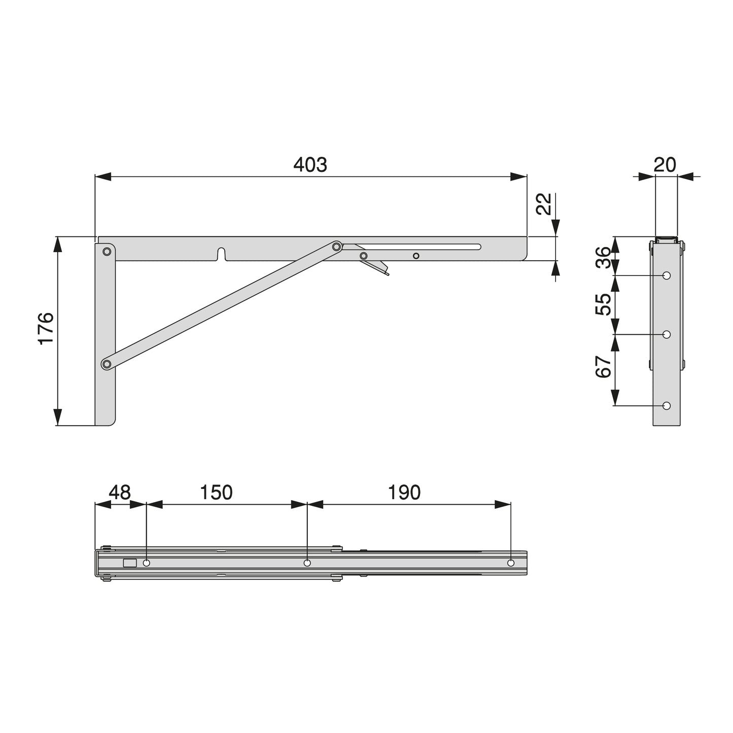 Emuca Folding shelf bracket set, length 403mm, Steel, White painted