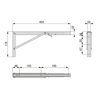 Emuca Folding shelf bracket set, length 403mm, Steel, White painted