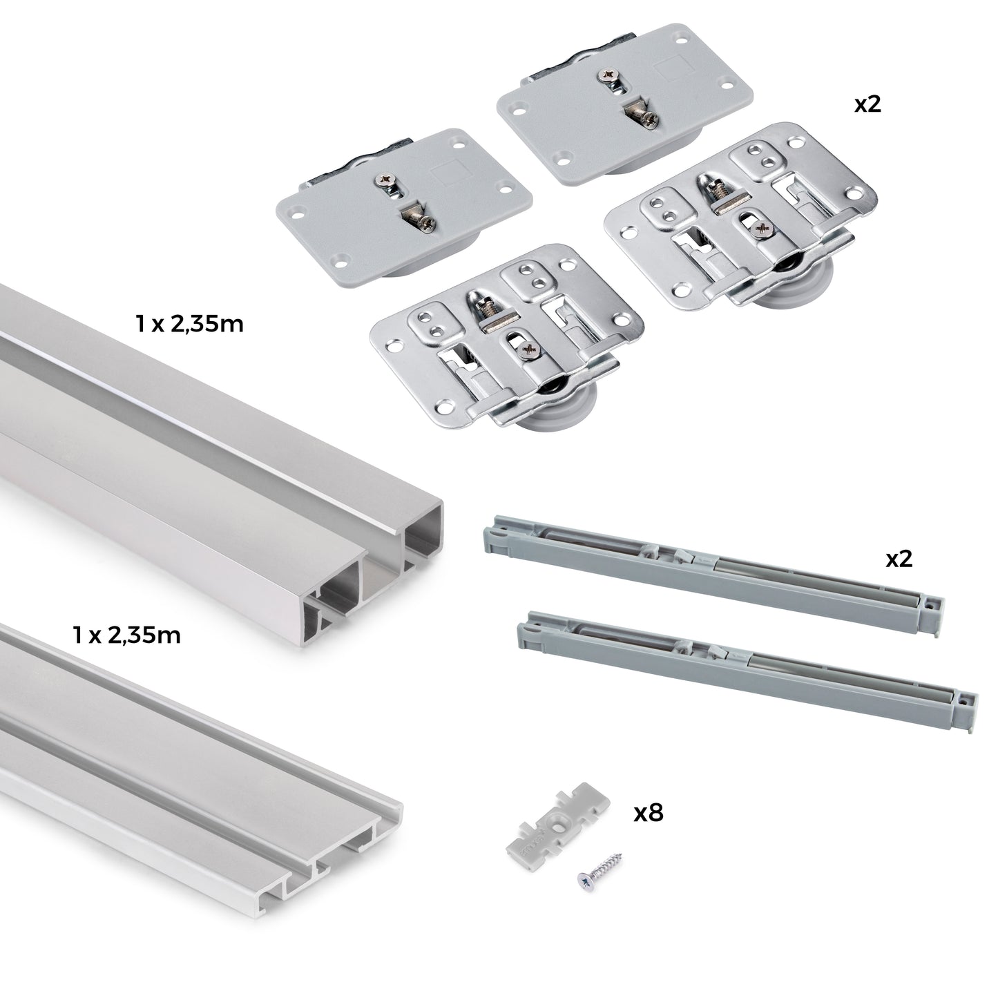 Emuca Hardware kit for 2 sliding doors and Flow soft-closing wardrobe with 2.35m surface rails, boards not included, Matt anodized