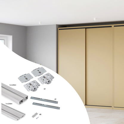 Emuca Hardware kit for 2 sliding doors and Flow soft-closing wardrobe with 2.35m surface rails, boards not included, Matt anodized