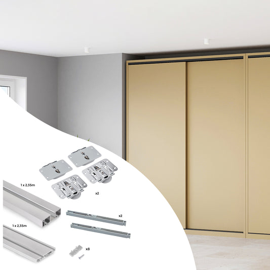 Emuca Hardware kit for 2 sliding doors and Flow soft-closing wardrobe with 2.35m surface rails, boards not included, Matt anodized