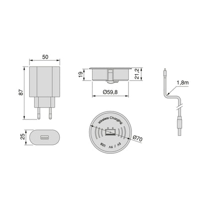 Emuca Airtop 2 hidden wireless charger for mobile phones, D.60mm, 5V DC 2A (Qi-10W), Plastic, Black