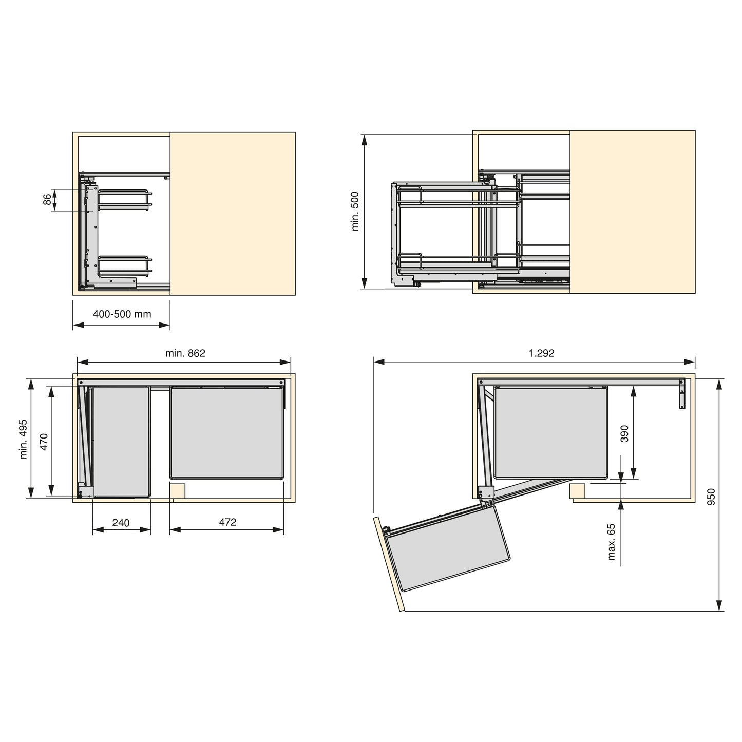 Emuca Titane kitchen furniture corner pull-out unit, left opening, Steel and Wood, Anthracite grey