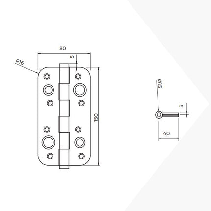 Emuca Lote de 5 bisagras de seguridad para puertas, 150x80mm, bisagras antipalanca con cantos redondos, sin remate, Acero, Negro