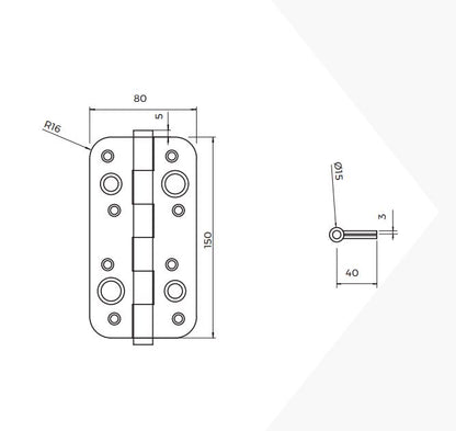 Emuca Set of 5 security hinges for doors, 150x80mm, anti-lever hinges with rounded edges, without trim, Steel, Black